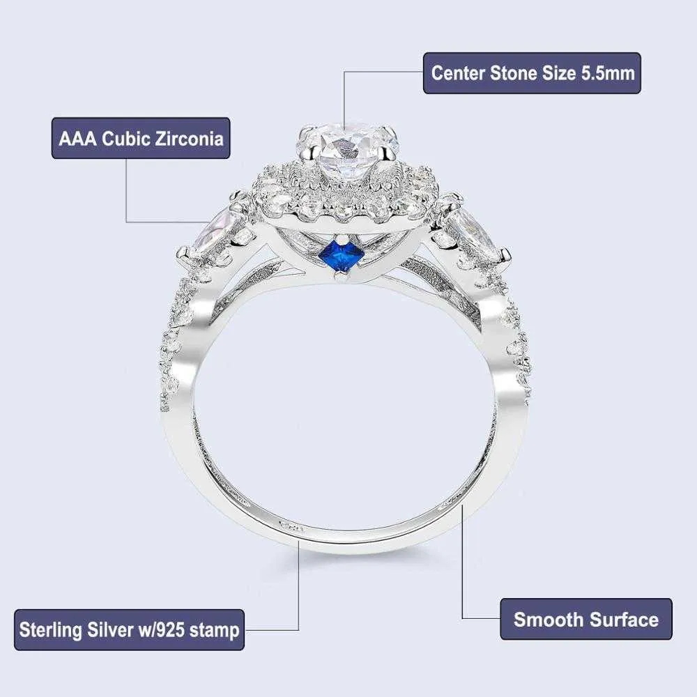 She 2 piezas Halo 925 anillos de boda de plata esterlina para mujeres 1/5 Ct corte de pera redonda AAAA CZ joyería clásica conjunto de anillos de compromiso 21061290S