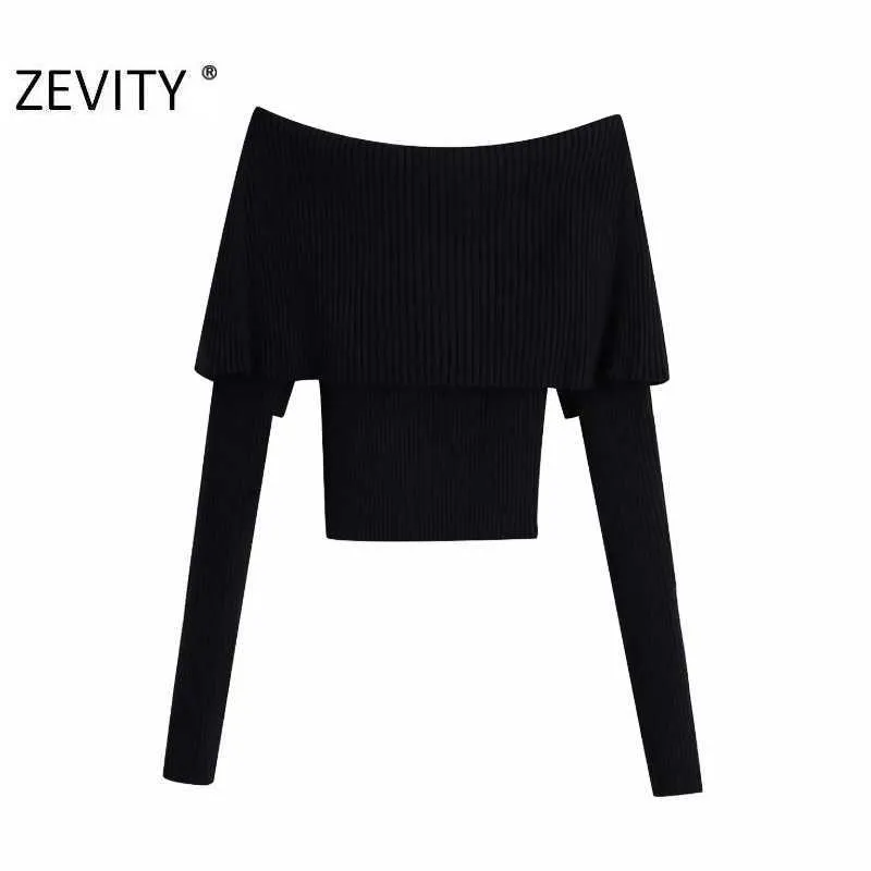 Zevity Frauen Sexy Slash Neck Solid Color Slim Strickpullover Femme Chic Basic Langarm Casual Pullover Marke Tops S477 210922