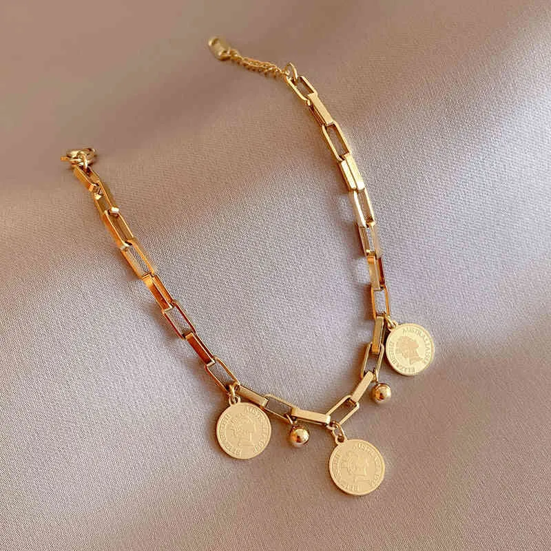 Новая мода 14k золотая многослойная цепочка браслеты для женщин жемчужный портрет монеты очаровательный браслет богемный подарок ювелирных изделий 2021