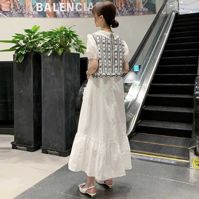 Korejpaa Women Dress Summer Korean Chic Elegant Temperament Doll Collar Flower Embroidery Stitching Puff Sleeve Vestidos 210526