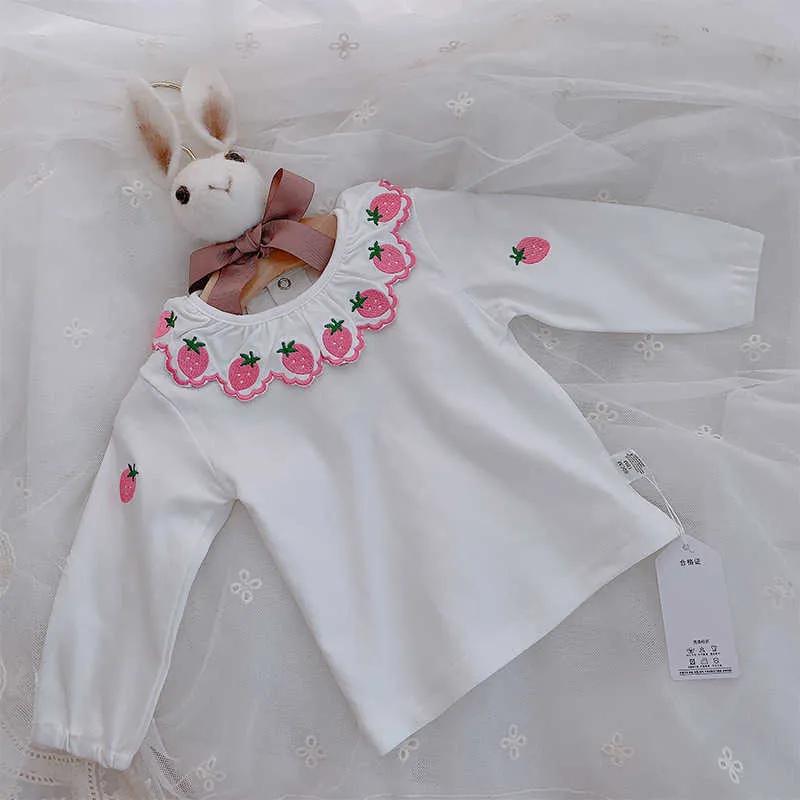 Lolita Little Girl lange mouw witte blouse aardbei cherry borduurwerk Basic tops peuter kwaliteit blouses 210619