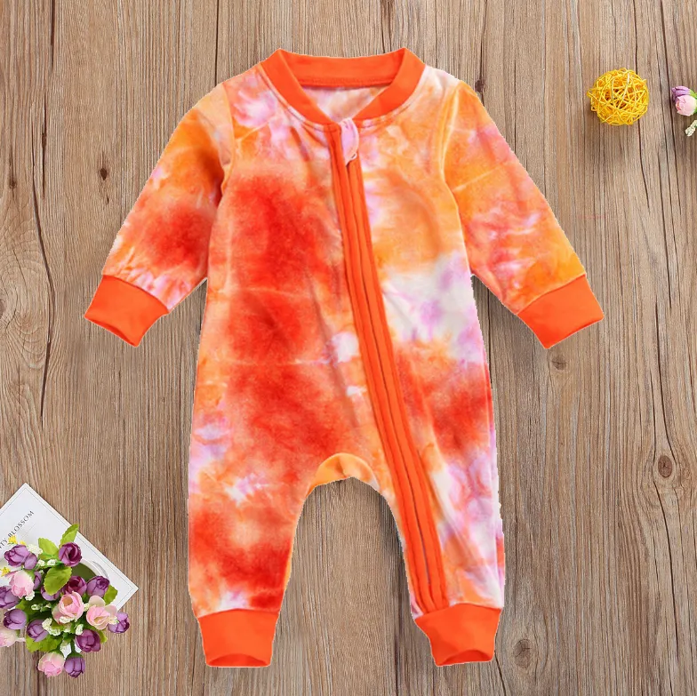 Neonato Neonato Ragazze Velluto Cerniera Pagliaccetto Manica lunga Tie Dye Stampa Pagliaccetto Tuta Neonate Autunno Indumenti da notte Vestiti4867485