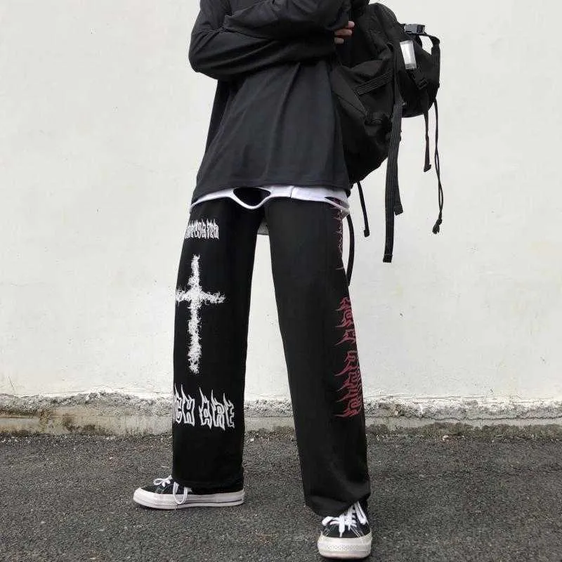 Qweek Punk Hippie Pantalones de pierna ancha Mujeres Gótico Harajuku Streetwear Streetwear Anime Street Style Mall Goth Imprimir Pantalones Hip Hop 210925