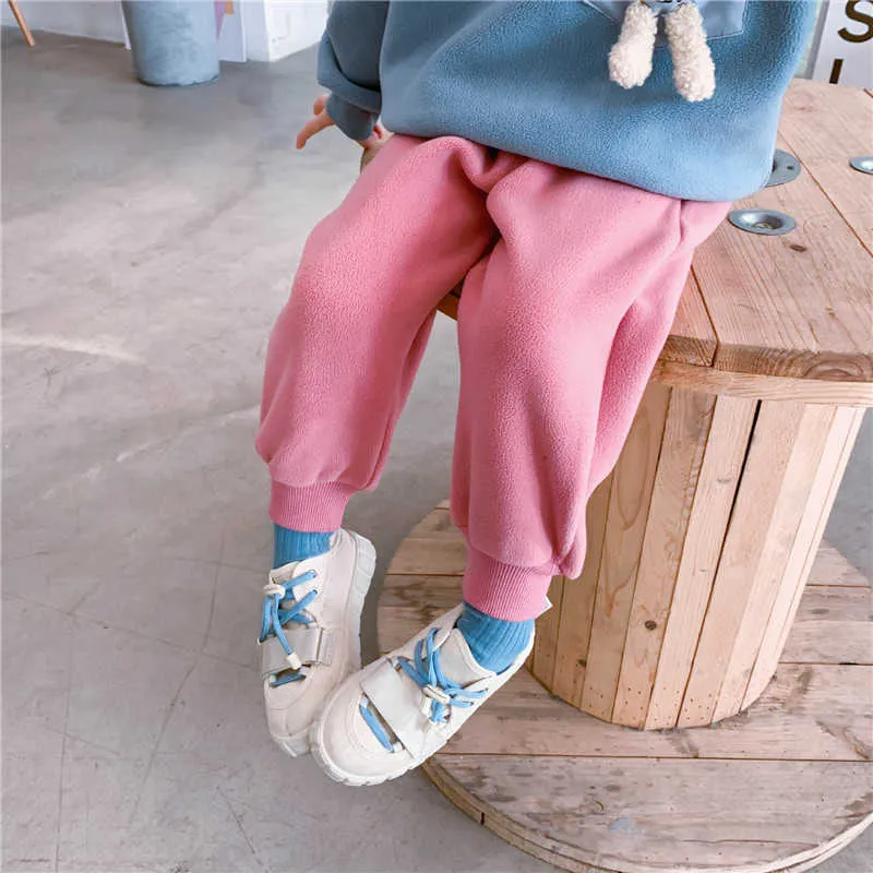 Moda de inverno meninos e meninas reversíveis lã calças suor coreano solta engrossar calças quentes crianças crianças 1-6Y 210615