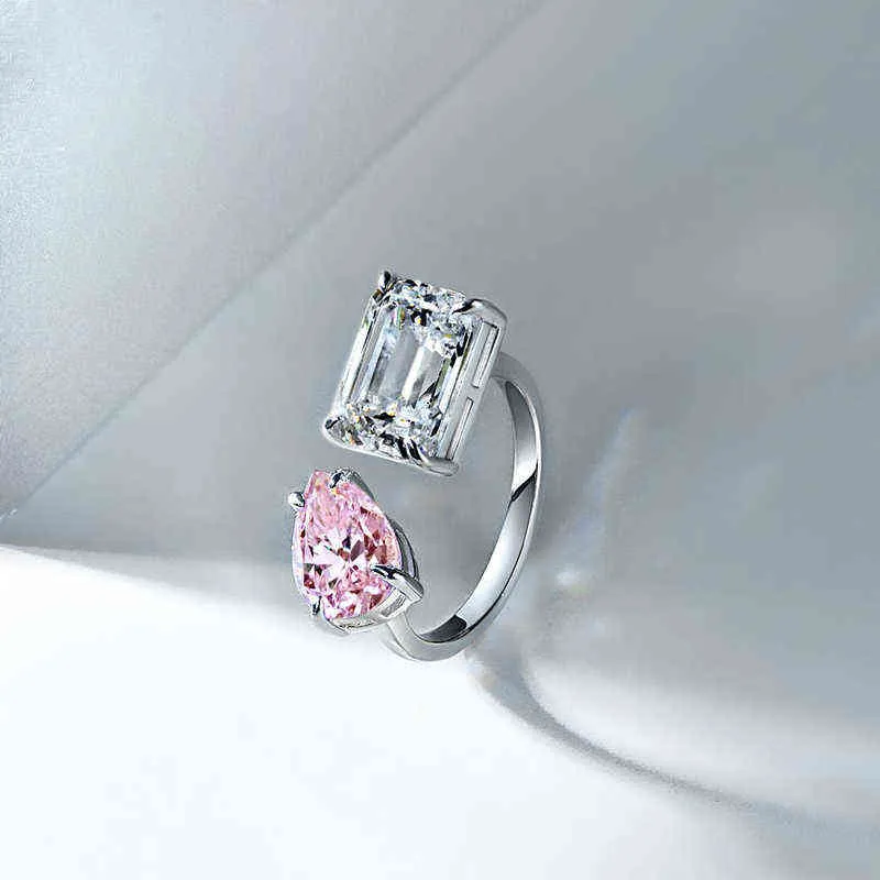 OEVAS 100% 925 Стерлингового серебра 7 * 10 мм Розовая груша квадрат Высокие углеродные алмазные кольца для женщин сверкающие свадьба вечеринка изысканные украшения 211217