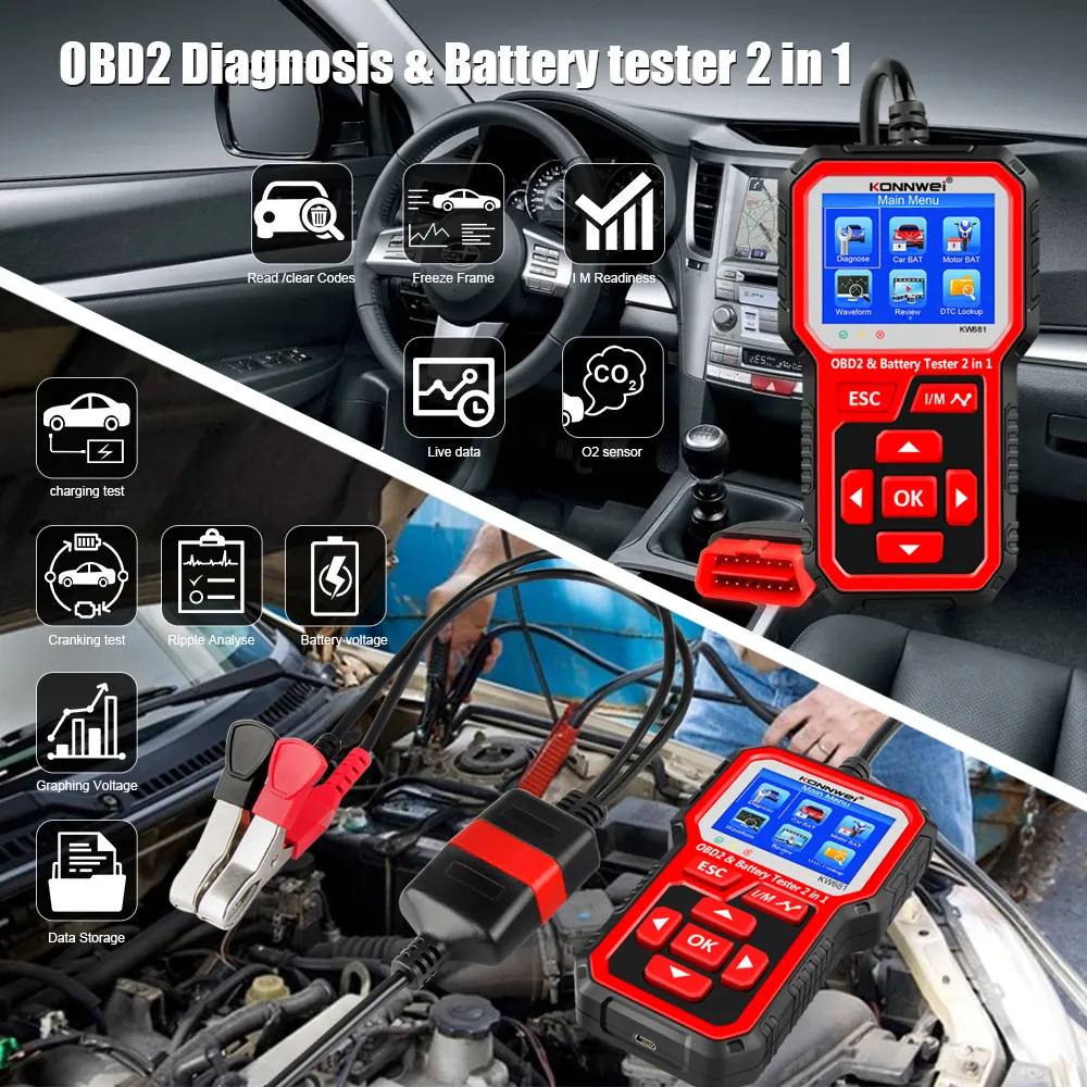 KONNEKI KW681 6V 12V Samochód Motocyklowy Tester baterii Auto Diagnostic Tool 2 In1 2000 CCA CAR OBD2 Skaner Pełna funkcja OBD 2