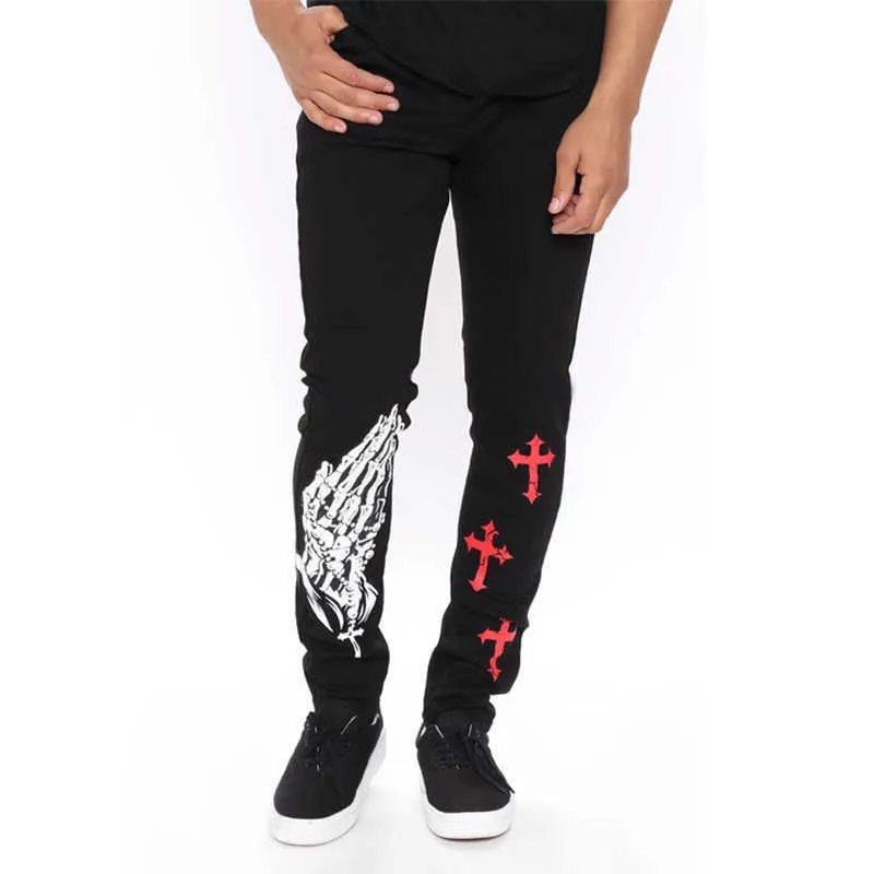 Jeans lavati neri da uomo Fashion Personality Biker Slim Denim Pants Pantaloni retrò Skull Printed Design Street 210716