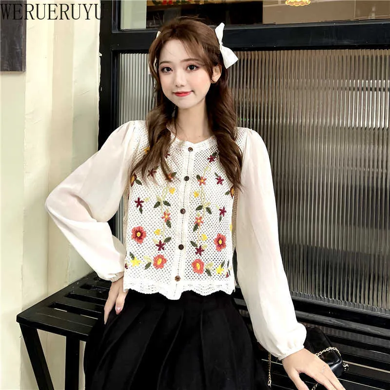 Werueruyu корейский стиль выступает O-образным вырезом короткие вязаные свитера женские тонкие кардиган модный рукав солнцезащитная защита от солнца 210608