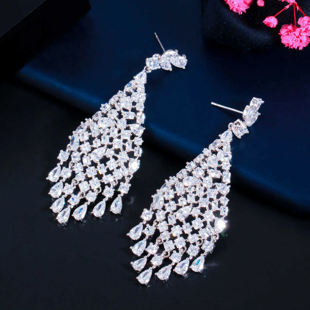 Brillant blanc zircon cubique Dangle grand Long lustre boucles d'oreilles pour les mariées mariage fiançailles bijoux CZ856 210714