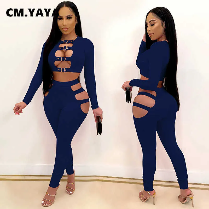 CM.YAYA Donna Set Solid Scava Fuori Guaina Elastico Manica Lunga Crop Top Vita Media Pantaloni Lunghi 2 Pezzi Set Sexy Outfit Primavera Autunno Y0625