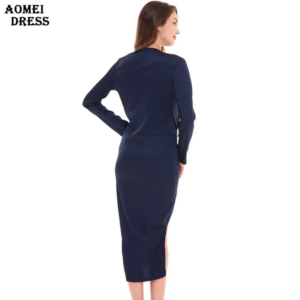 Liquidazione Abiti in raso di seta Abito con spacco Donna Avvolgere con scollo a V Sexy Manica lunga Split Irregolare Estate Blu scuro S M L XL 2XL 210527