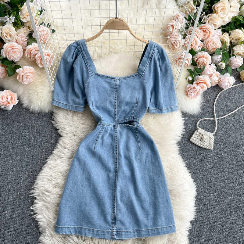 Mode Gilrs Denim Kleid Sommer Quadrat Kragen Kurze Puff Sleeve Einreiher Hohl Heraus Taille Mini Jeans 210603