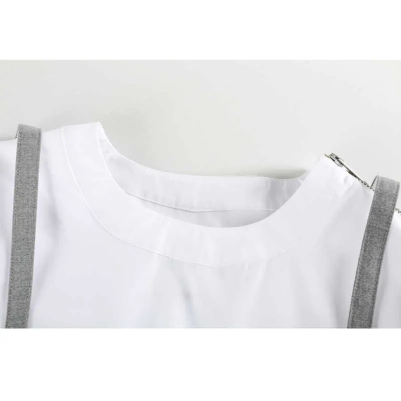 [Daat] verão moda tops redondo pescoço retalhos de manga curta dois falsificação de duas fugas de fugas de personalidade t-shirt 13C774 210527