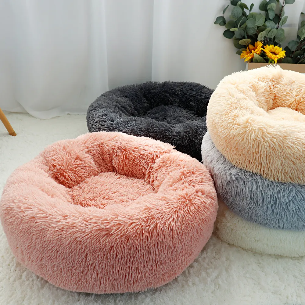 Pet Dog Bed Warm Fleece Round Dog Kennel House Long Plush Winter Pets Dog Beds For Medium Large Dogs Cats Soft Sofa Cushion Mats 210224