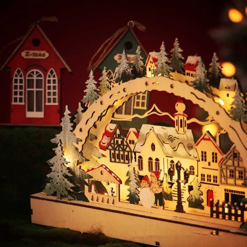 Christmas Desktop Wooden Ornaments LED Light Luminous Xmas Village Home Decoration P0828