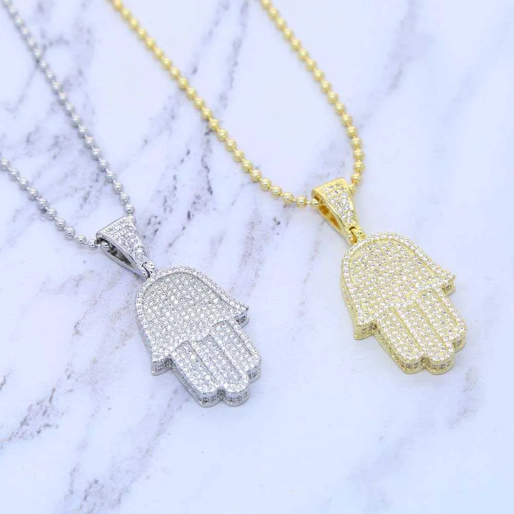 Hand of the Angel Fatima Pendant Choker Hip Hop Full Iced Out Cubic Zirconia Gold Sliver Color CZ Stone Necklace Women Men 2106212808
