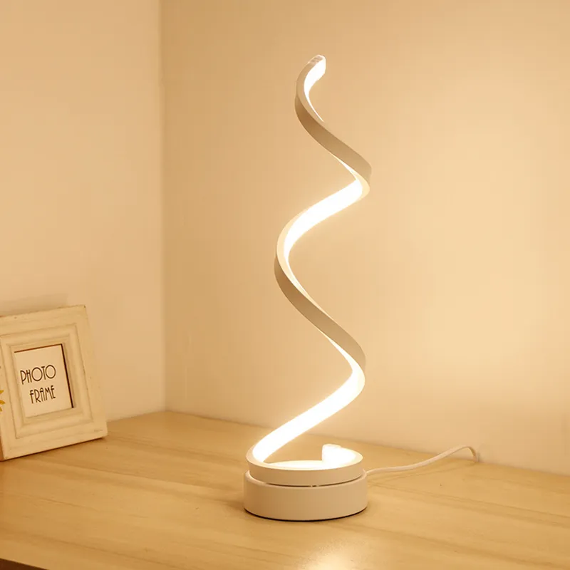 Lâmpada de mesa espiral moderna Lâmpada de mesa curvada Lâmpada de cabeceira branca branca branca clara para sala de estar Quarto Leitura Iluminação