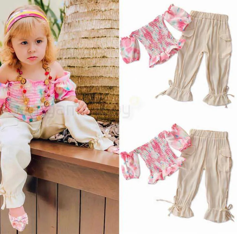 Floral Summer Girl Sets Baby Off the Shoulder Tight Top+Long Pants Sweet Outfits Suit Clothes 2-7Y E94146 210610