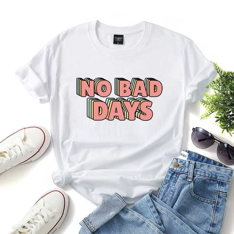 Fashion Cotton Women T-Shirts Casual Loose Short Sleeve NO BAD DAYS Letter Harajuku Female Tees Top Plus Size W688 210526