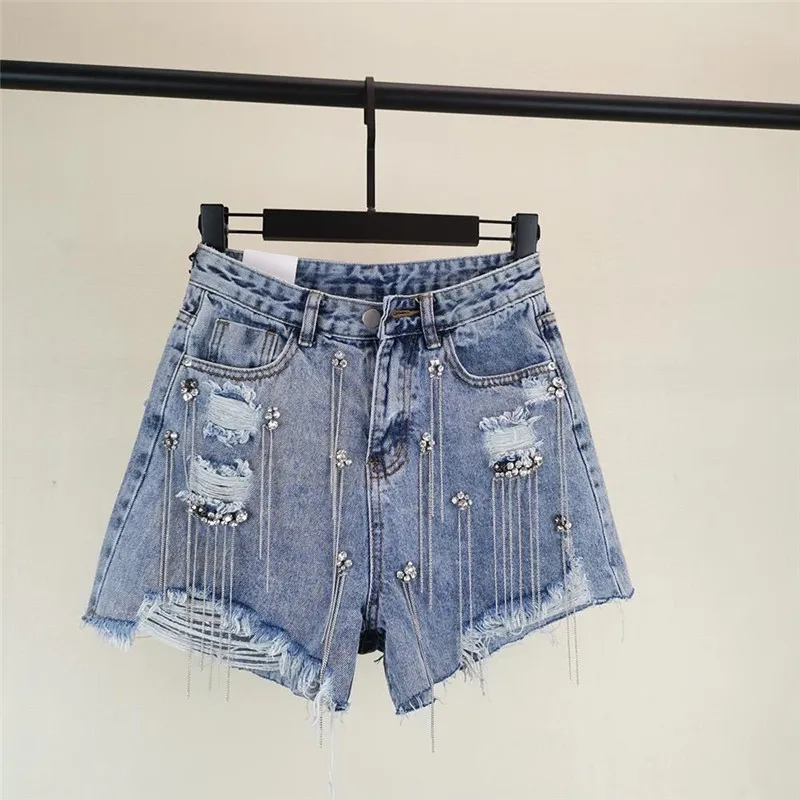 Women luxurious Tassel Rhinestone Fringed Hole Jeans Shorts Female High Waist Summer Fashion Designer Wide Leg Denim Shorts 210304