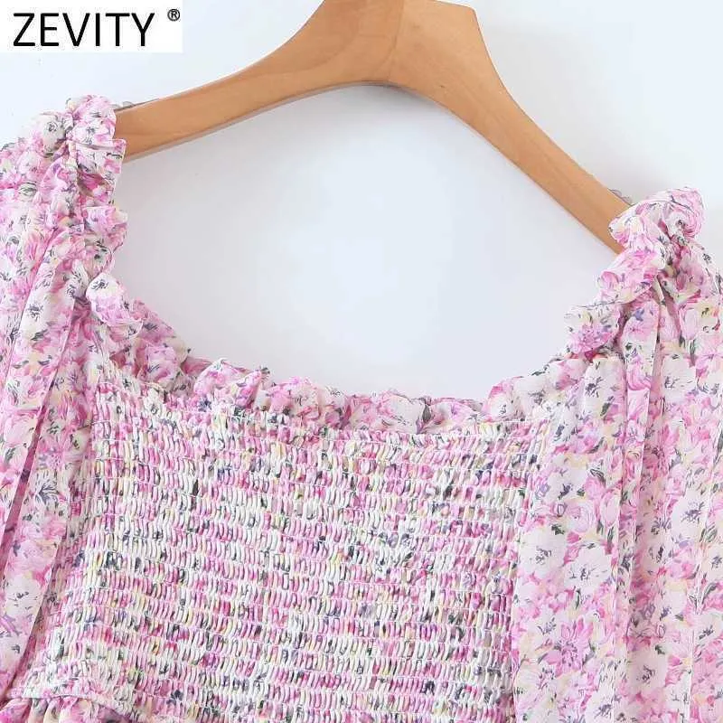 Zevity Women Sweet Pink Floral Print Chiffon Short Blouse Kvinna Chic Off Shoulder Elastic Pleat Ruffles Shirt Tube Tops LS9179 210603