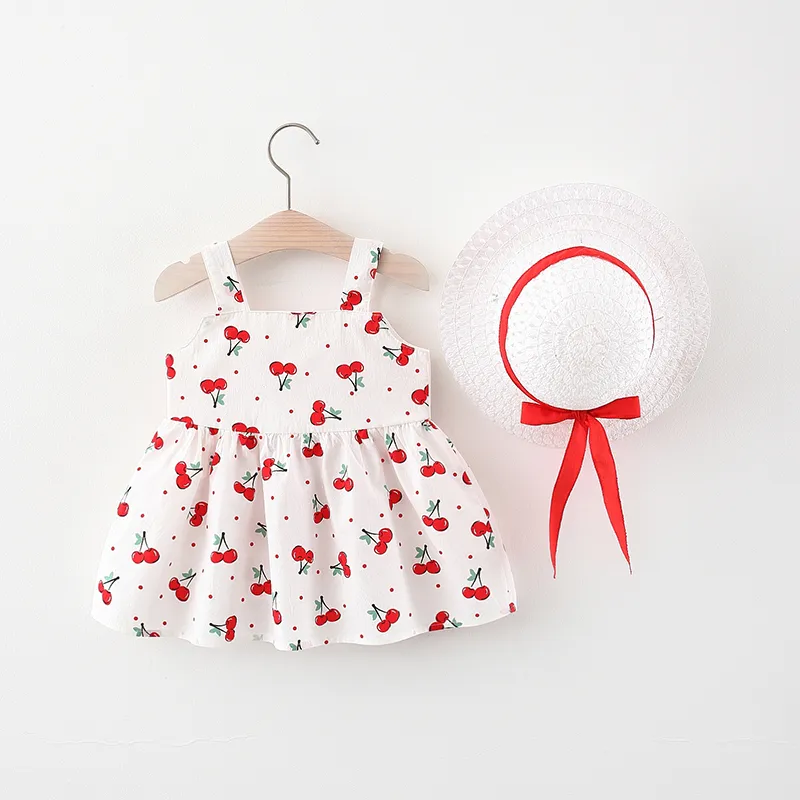 Cherry Pattern Baby Girls Dress Verano sin mangas Algodón Kids Dress Fiesta de cumpleaños Baby Fashion Bow Dress con sombrero gratis 210317