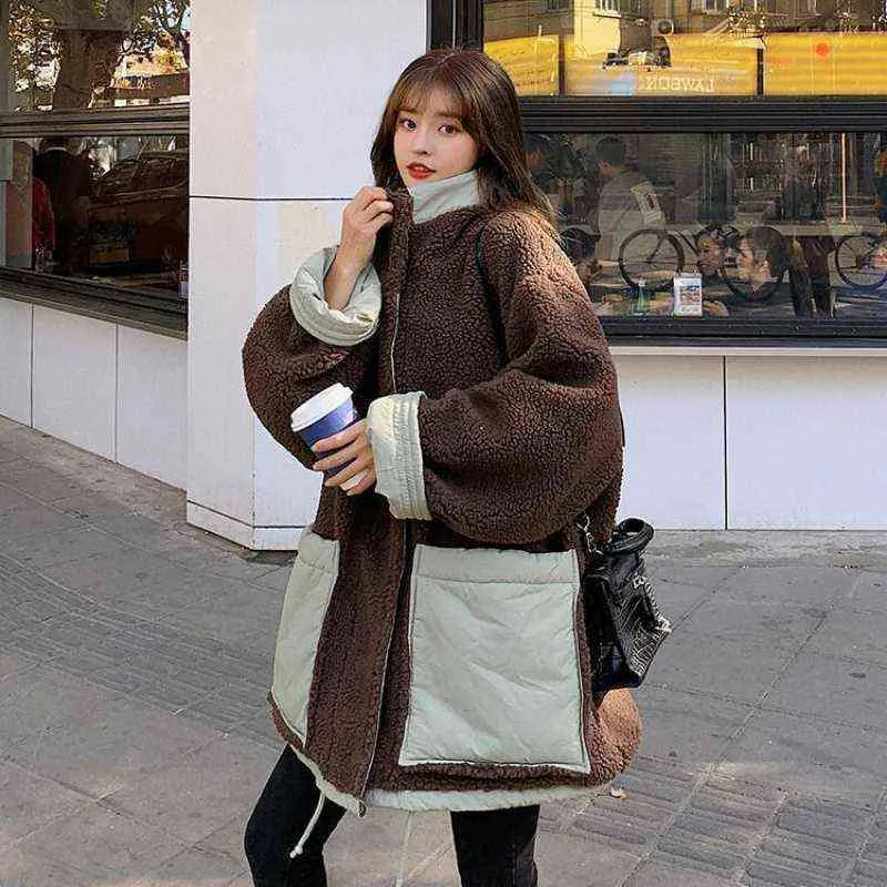 النسخة الكورية من طالب سميكة فضفاضة الأدوات، كلا الجانبين ارتداء معطف الصوف الضأن، المرأة الشتوية مبطن سترة 211216