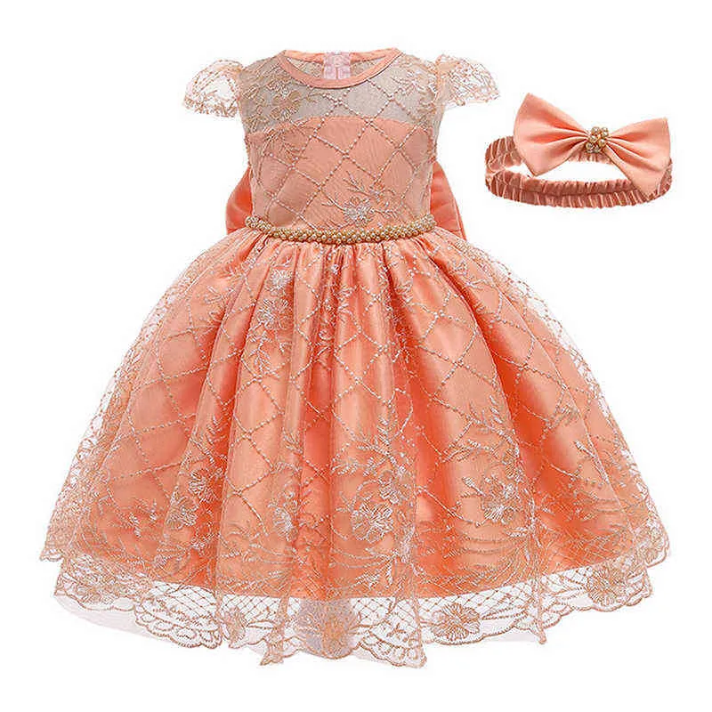Baby flicka kläder formella party klänningar mode blomma broderi mesh tjejer klänning söt stor båge rosa prinsessa klänning födelsedaggåva g1129