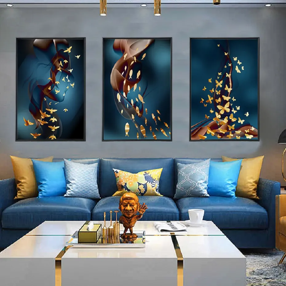 Nordic Light Luxury Guldfåglar Fiskduk Målningar Fjädervägg Konst Postrar Dekorativa väggtryck för vardagsrum Heminredning