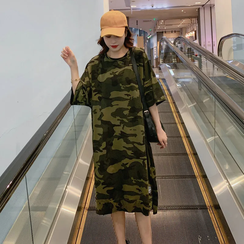 Camouflage Plus Size Loose Dress Women Long T Shirt Summer Dresses 2020 for 100kg Girls Korean Half Sleeve Irregular Cotton Tees X0521