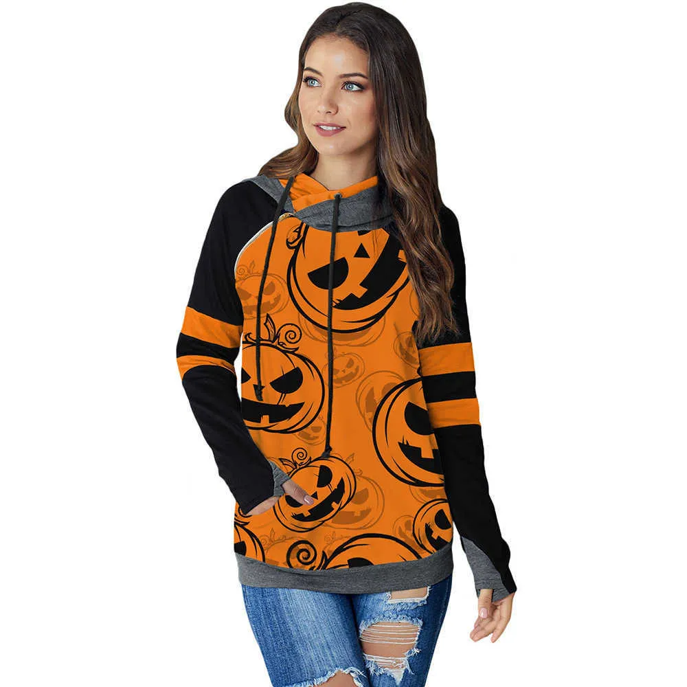 Halloween Hoodies Kvinnor Ytterkläder Höst Vinter Långärmad Pumpa Tryck Färg Kontrast Patchwork Hood Sweatshirt 210526