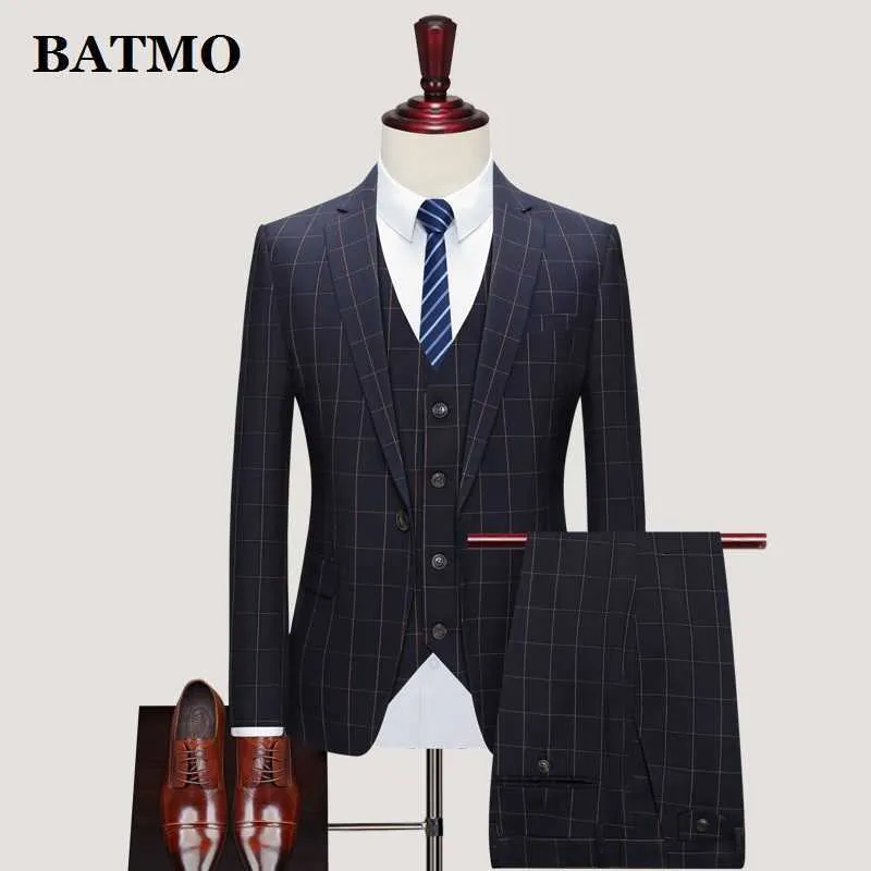 BATMO 2021 nuovo arrivo primavera plaid abiti casual da uomo, abito da sposa da uomo, giacche + pantaloni + gilet, SJT819 X0909