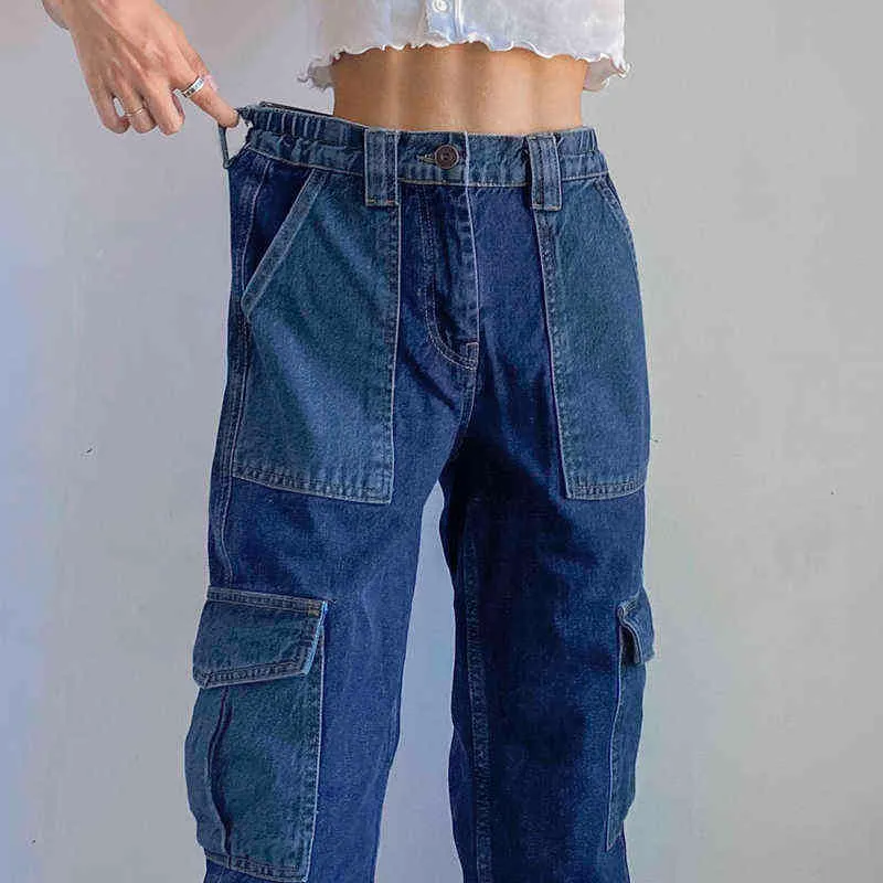 JMPRS Hohe Taille Frauen Jeans Frühling Adrette Taschen Baggy Denim Hosen Casual Blau Patchwork Tasche Streetwear Hosen 211112