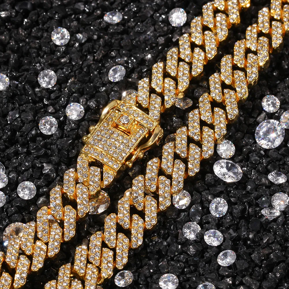 Hiphop bling modekedjor diy smycken mens 12mm gyllene silver miami kubanska länk kedja halsband diamant is ut kedja halsband321z