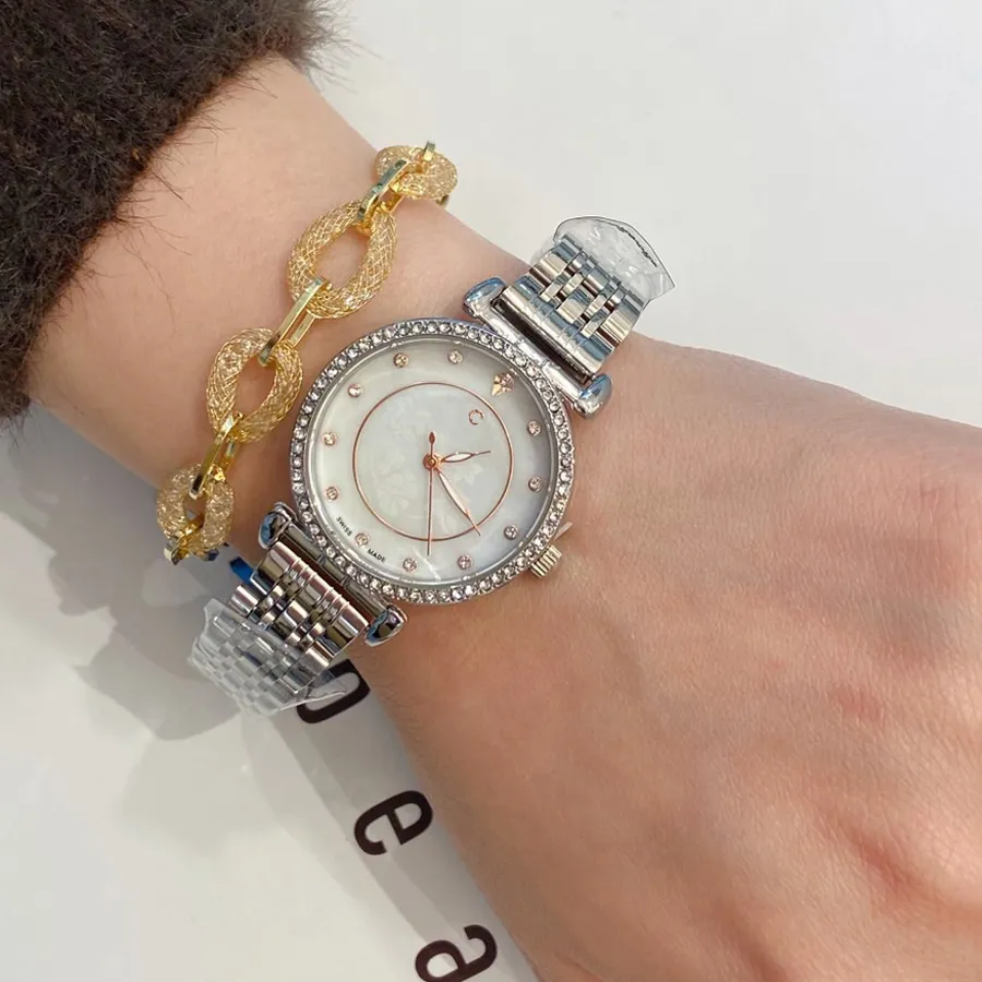패션 브랜드 시계 여자 여자 소녀 예쁜 크리스탈 스타일 스틸 마텔 밴드 손목 시계 cha49324j