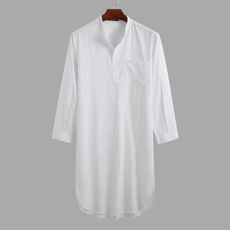 남성 가운 패션 잠옷 긴 소매 버튼 단색 인쇄 셔츠 무슬림 남자 가운