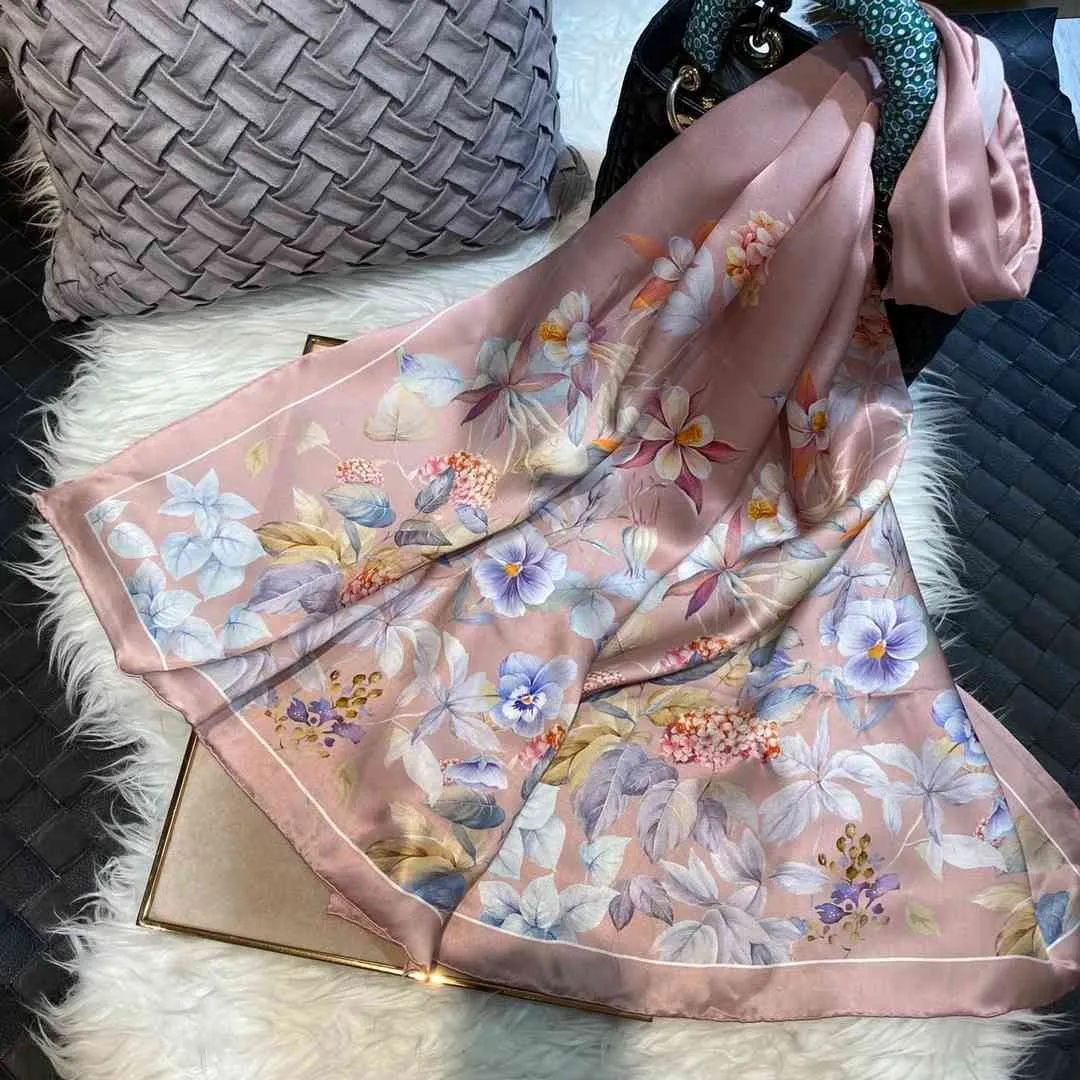 Style chinois encre Lotus écharpe châle femmes 2021 Design 100% soie naturelle longue gris rose cou foulards 175*53cm