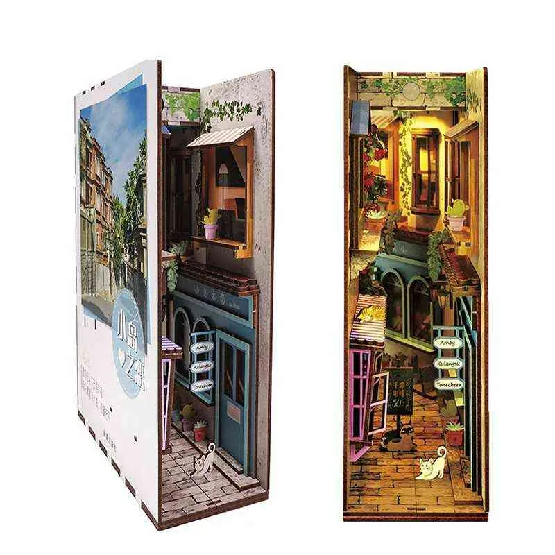 Drewniane DIY Book Nook Półka Wkładki Zestawy Model Ocean Roombox Handmade Budynek Miniaturowy Meble Home Decoration Zabawki Prezenty AA220314