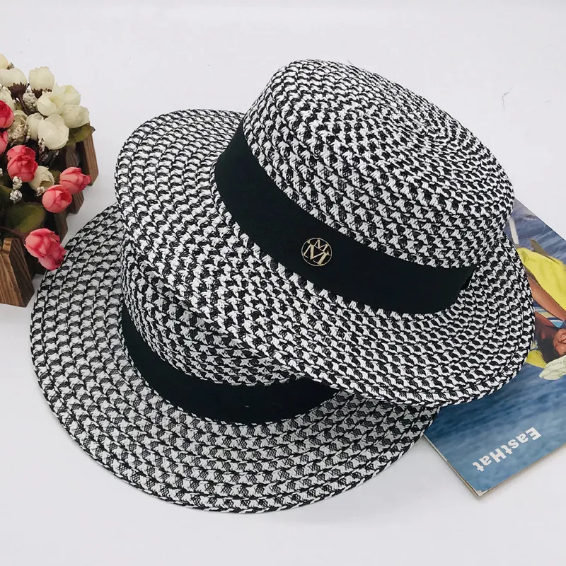 Sombrero de verano de alta calidad a cuadros blanco y negro con ala ancha y parte superior plana, sombrero Boater para primavera para mujer, sombrero trenzado de hierba para el sol, sombrero Formal para fiesta y boda, 340P