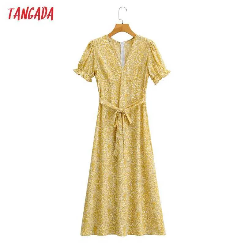 Tangada Summer Femmes Fleurs jaunes Imprimer Style français Robe longue avec Slash Manches courtes Dames Sundress 1F189 210609