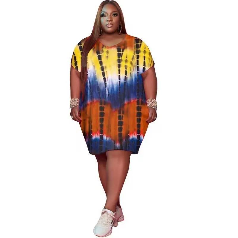 Mulheres Vestidos Verão Produto Tie Dye Manga Curta Solta Oversized Vestido Casual Vestido Atacado Plus Size Roupas 210525