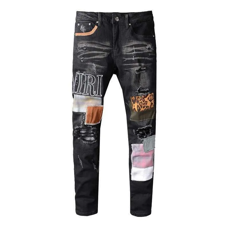 Erkek Kot 615 Yüksek Sokak Trendy Dilenci Pantolon Delik Leopar Yama Pantolon Siyah Ince Degrade Jeans