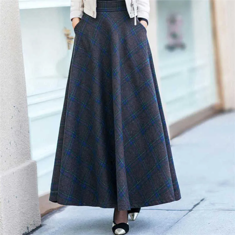 Dames plus maat wollen elastische high taille geruite rok herfst winter warme dikke wilde lange rok dames kantoor maxi rok 210619