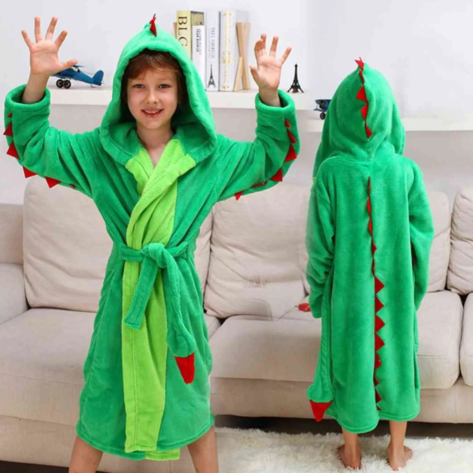 Для девочек и мальчиков039 плюшевый халат с капюшоном, флисовый халат с динозавром 2111091733503