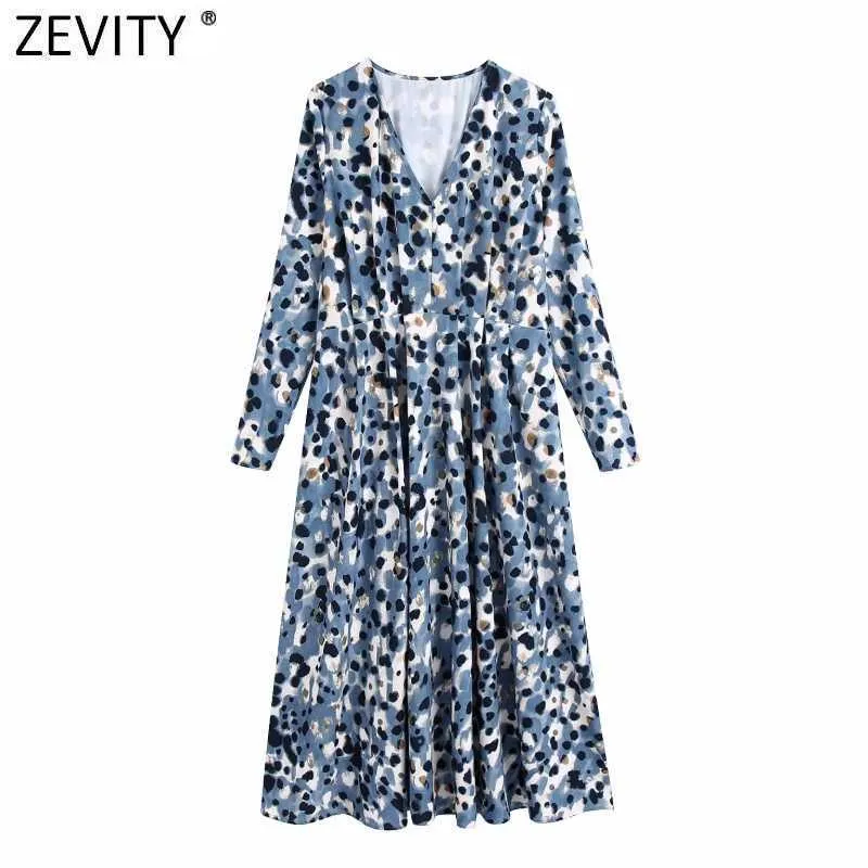 Zevity Women Elegant V Neck Ink Leopard Print Pleated Midi Dress Femme Retro Long Sleeve Business Casual Slim Vestido DS4811 210603