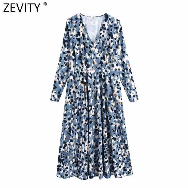 Zevity WomenエレガントVネックインクLeopardプリントプリーツMIDIドレスFemmeレトロ長袖ビジネスカジュアルスリムvestido DS4811 210603