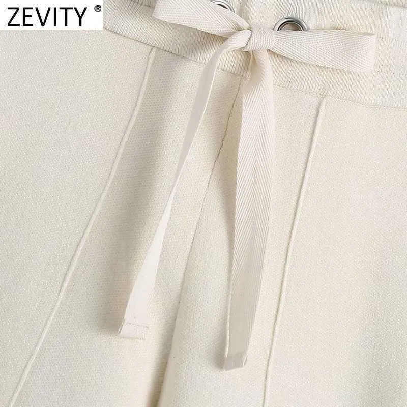 Zevity Femmes Mode Couleur Unie À Lacets À Tricoter Sarouel Femme Chic Poches Patch Casual Slim Sport Jogging Pantalon P1009 210603