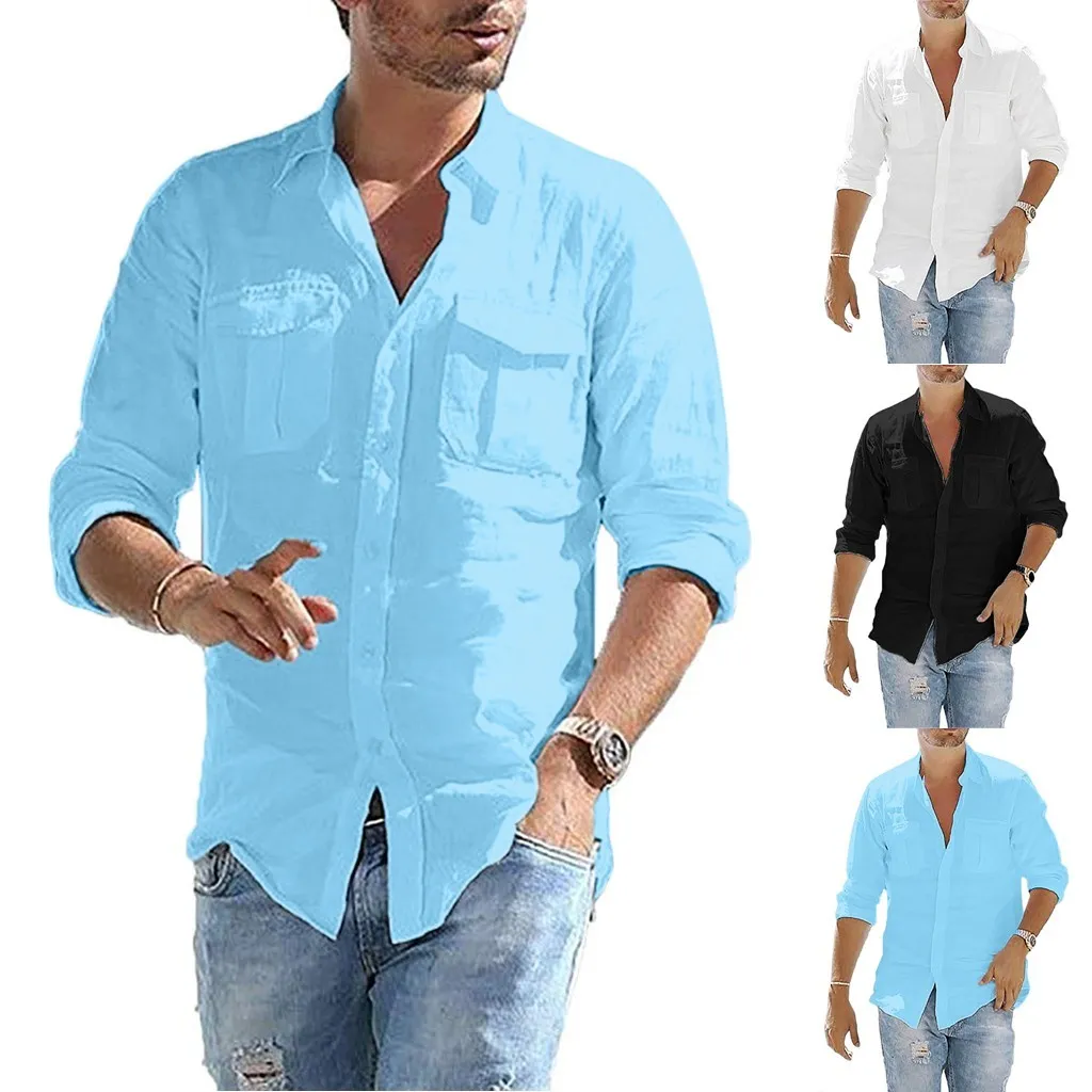 Plus Größe männer Baggy Baumwolle Leinen Tasche Solide Langarm Retro Shirts Tops Bluse hawaiian camisa masculina camisas hombre 210316