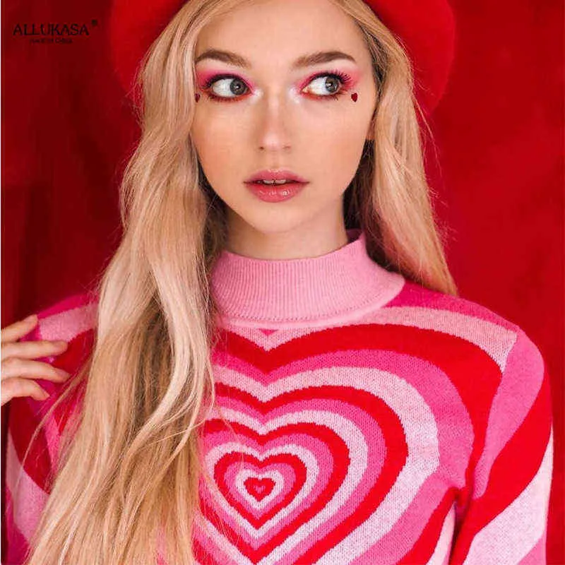 Y2K estetik hjärta randig turtleneck pullovers e-girl söt långärmad rosa kvinna sweaters hajuku 90s stickade hösten 211103