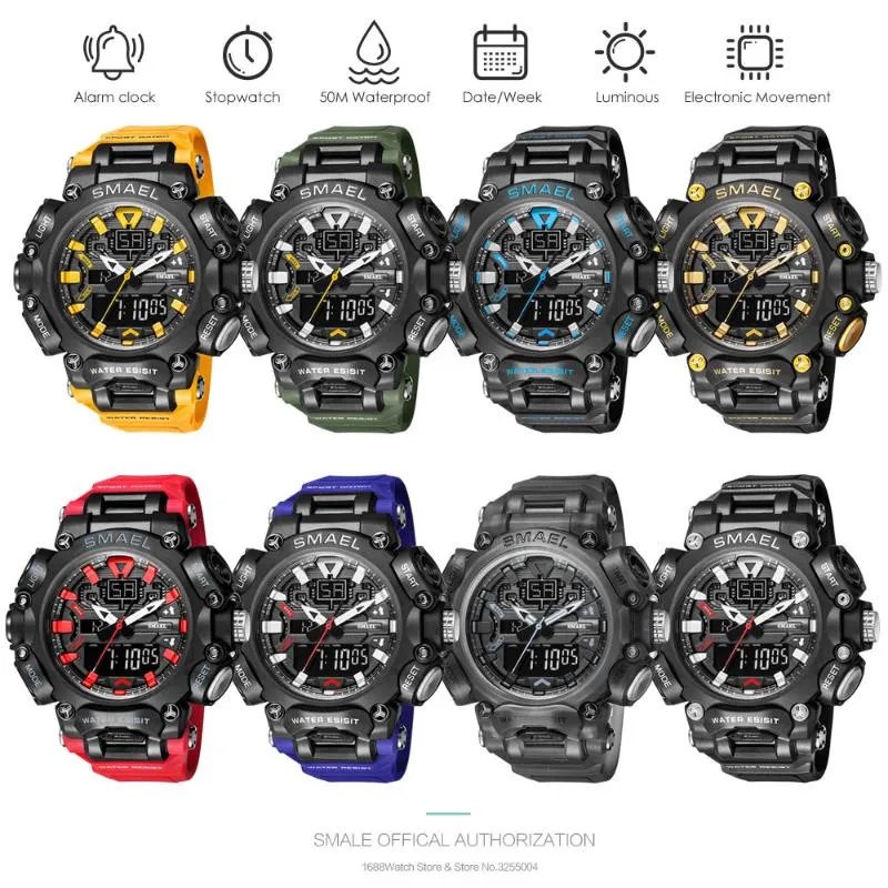 WristWatches Smael Dual Time Led Digital Watch for Men 50m Waterproof Chronograph Quartz zegarki Orange Military Sport Electronic 266W